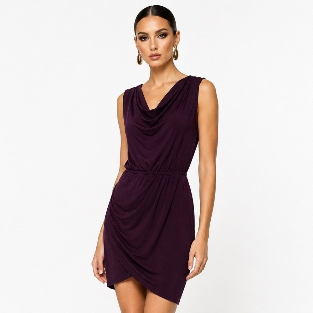 Nine Britton Plum Purple Cowl Neck Draped Tulip Skirt Sheath Dress MP NWT